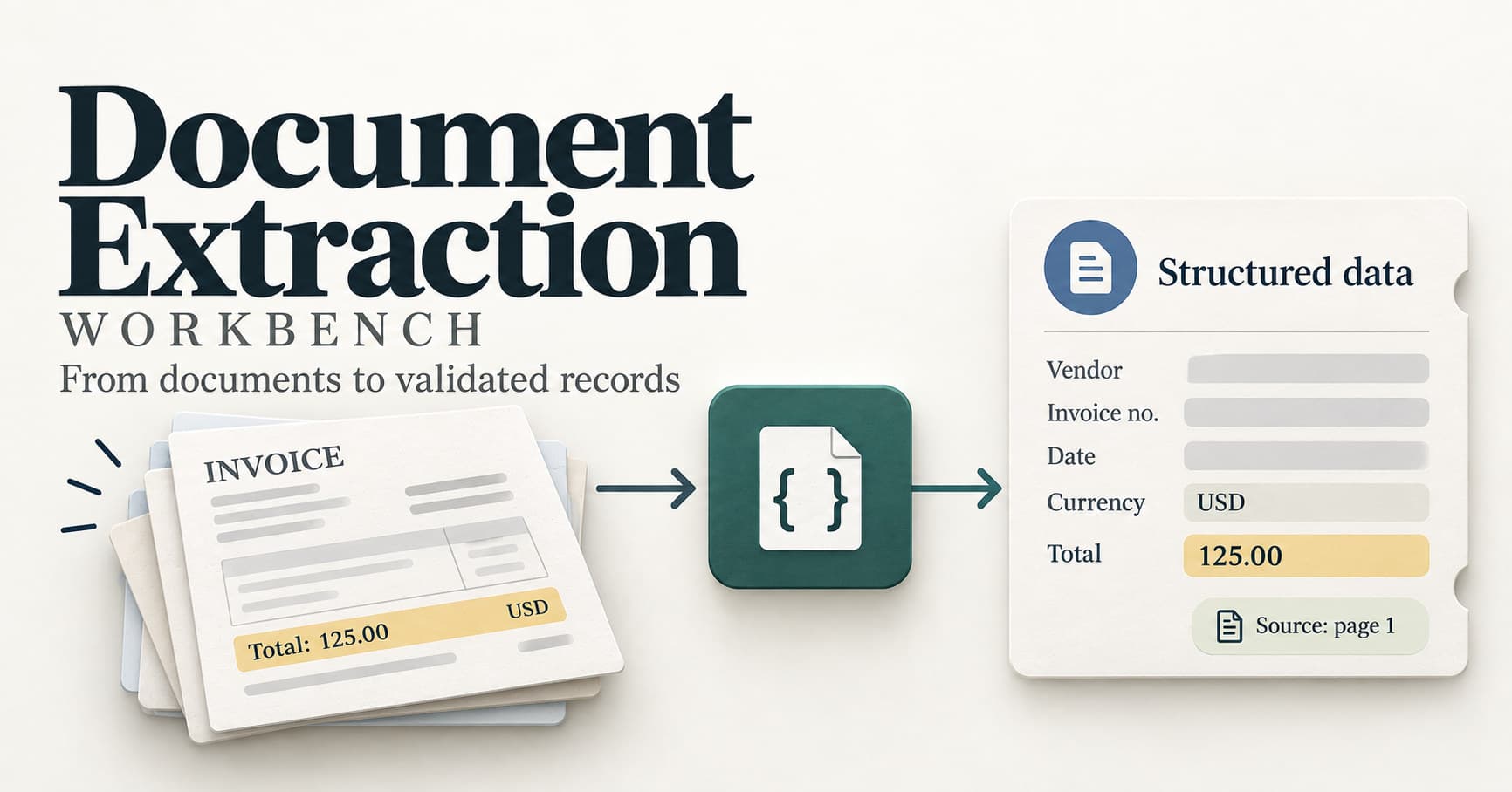 Document Extraction Workbench: an invoice becomes a structured record with a source page