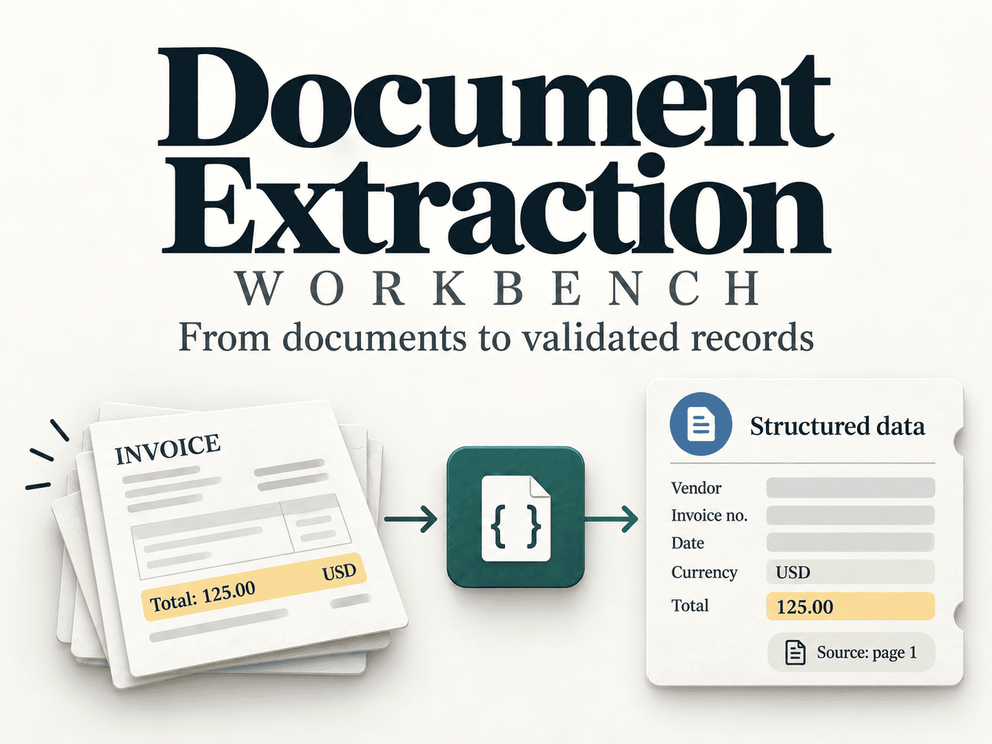 Document Extraction Workbench: an invoice becomes a structured record with a source page
